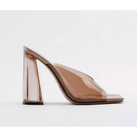 ZARA Womans 11.5 VINYL Sandals Slip On LUCITE Clear Heels Square Toes Brown - Picture 5 of 8